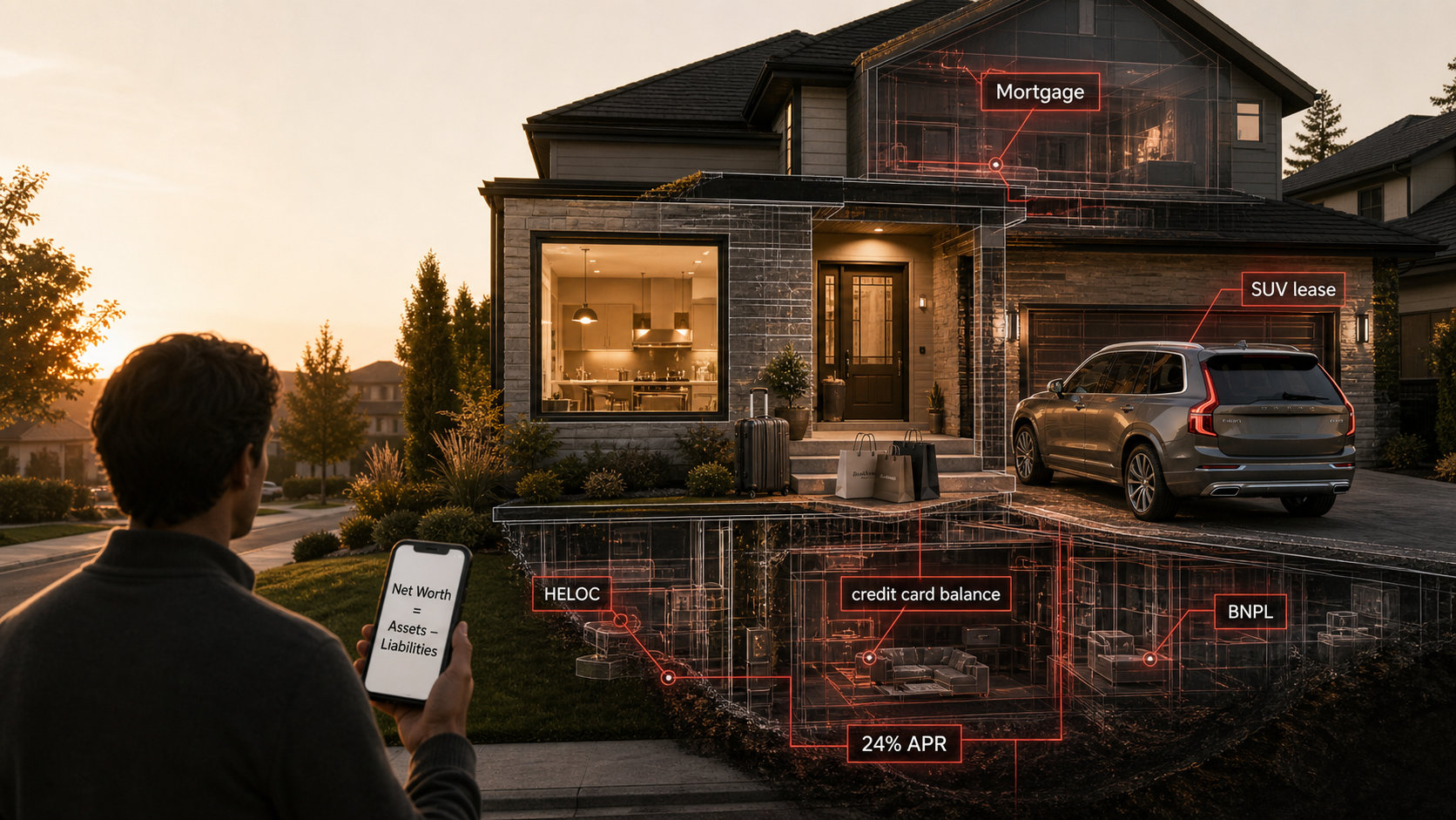 A house labeled with hidden debts — mortgage, HELOC, credit card, BNPL, SUV lease — beside a man checking his net worth.